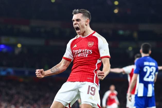 Arsenal v Porto 12 March 2024, London - UEFA Champion™s League, Round of Sixteen, Second Leg - Arsenal v Porto - Leandro Trossard of Arsenal celebrates their first goal - Photo: Charlotte Wilson Offside. London UK Copyright: xCharlottexWilsonx xOffsidexOffside