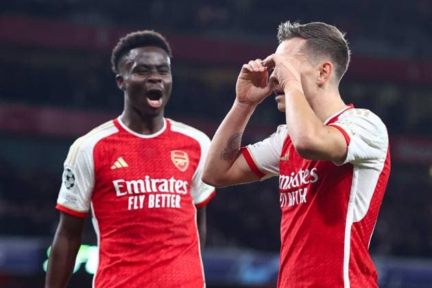Arsenal v Porto 12 March 2024, London - UEFA Champion™s League, Round of Sixteen, Second Leg - Arsenal v Porto - Leandro Trossard of Arsenal celebrates their first goal with Bukayo Saka of Arsenal - Photo: Charlotte Wilson Offside. London UK Copyright: xCharlottexWilsonx xOffsidexOffside
