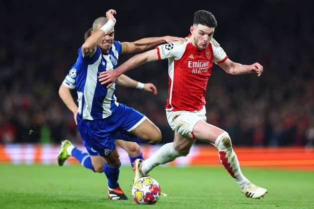Arsenal v Porto 12 March 2024, London - UEFA Champion™s League, Round of Sixteen, Second Leg - Arsenal v Porto - Declan Rice of Arsenal and Pepe of Porto - Photo: Charlotte Wilson Offside. London UK Copyright: xCharlottexWilsonx xOffsidexOffside