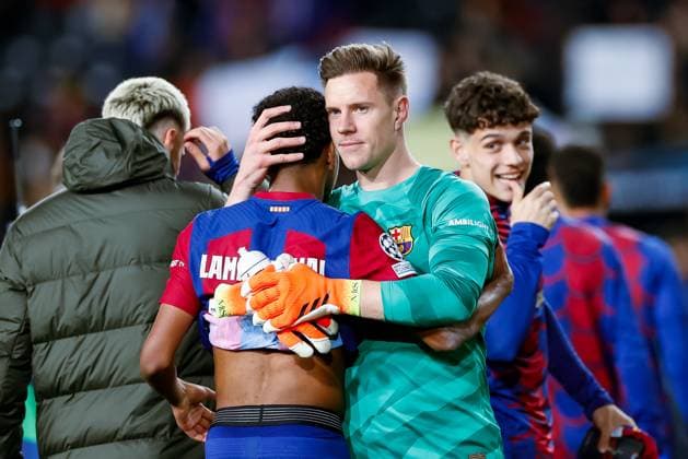 Marc-Andre ter Stegen FC Barcelona, Barca and Lamine Yamal (FC Barcelona) celebrate after winning, UEFA Champions League 2023 2024 - Round of 16 second leg, FC Barcelona vs SSC Napoli, Olimpic Lluis Companys Stadium, March 12, 2024, Barcleona, Spain.