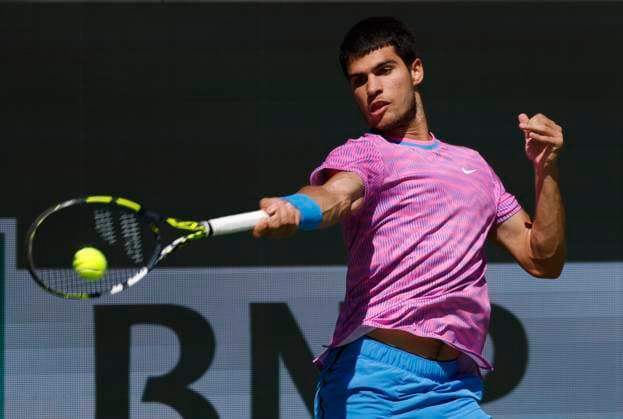 March 12, 2024 Carlos Alcaraz of Spain returns a shot against Fabian Marozsan of Hungary during the BNP Paribas Open in Indian Wells, CA. CSM Indian Wells United States of America - ZUMAc04_ 20240312_zma_c04_079 Copyright: xCharlesxBausx