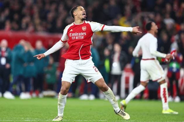Arsenal v Porto 12 March 2024, London - UEFA Champion™s League, Round of Sixteen, Second Leg - Arsenal v Porto - William Saliba of Arsenal celebrates victory - Photo: Charlotte Wilson Offside. London UK Copyright: xCharlottexWilsonx xOffsidexOffside