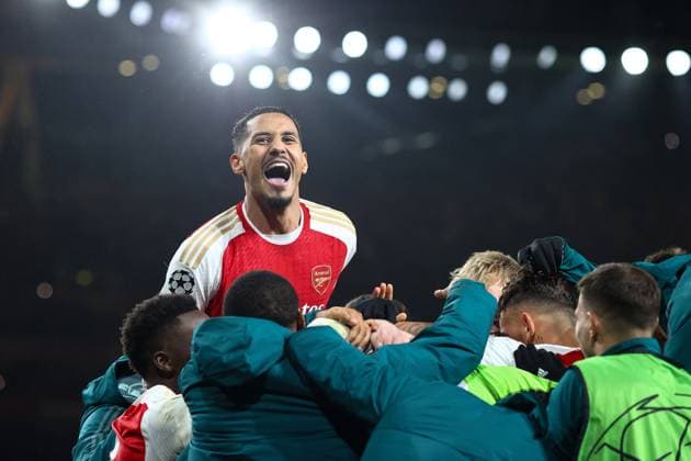 Arsenal v Porto 12 March 2024, London - UEFA Champion™s League, Round of Sixteen, Second Leg - Arsenal v Porto - William Saliba of Arsenal celebrates victory - Photo: Charlotte Wilson Offside. London UK Copyright: xCharlottexWilsonx xOffsidexOffside