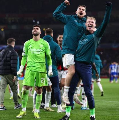 Arsenal v Porto 12 March 2024, London - UEFA Champion™s League, Round of Sixteen, Second Leg - Arsenal v Porto - L-R Arsenal goalkeeper David Raya, Jorginho and Arsenal goalkeeper Aaron Ramsdale celebrates victory - Photo: Charlotte Wilson Offside. London UK Copyright: xCharlottexWilsonx xOffsidexOffside