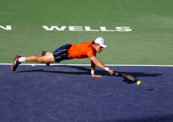 March 12, 2024 Alex De Minaur of Australia dives for the ball against Alexander Zverev of Germany during the BNP Paribas Open in Indian Wells, CA. CSM Indian Wells United States of America - ZUMAc04_ 20240312_zma_c04_204 Copyright: xCharlesxBausx