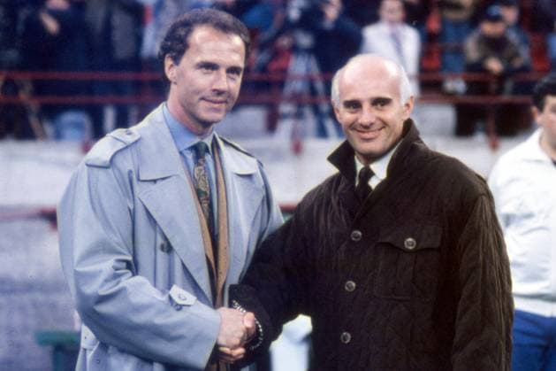 FRANZ BECKENBAUER, Olympique Marseille, ARRIGO SACCHI, Milan, European Cup, 1990-91, Milan vs Olympique Marseille 1-1, 06-03-1991, Posa, Primo piano, Portrait COPPA DEI CAMPIONI 1990-91 MILAN-OLYMPIQUE MARSIGLIA 1-1