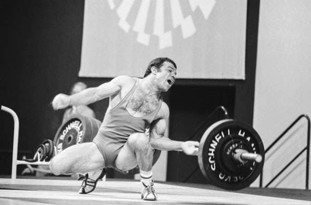 Munich, Federal Republic of Germany. Iranian weightlifter Mohammad Nasiri who won a silver medal in the 56 kg weight category fails his attempt in weightlifting during the 1972 Summer Olympics. Alexander Katkov TASS  32395173