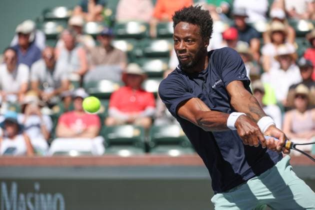 INDIAN WELLS, CA - MARCH 13: Gael Monfils (FRA) hits a backhand during the BNP Paribas Open on March 13, 2024 at Indian Wells Tennis Garden in Indian Wells, CA. (Photo by George Walker Icon Sportswire) TENNIS: MAR 13 BNP Paribas Open EDITORIAL USE ONLY Icon240313037