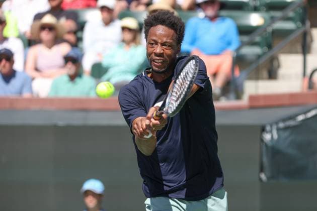 INDIAN WELLS, CA - MARCH 13: Gael Monfils (FRA) hits a backhand during the BNP Paribas Open on March 13, 2024 at Indian Wells Tennis Garden in Indian Wells, CA. (Photo by George Walker Icon Sportswire) TENNIS: MAR 13 BNP Paribas Open EDITORIAL USE ONLY Icon240313039