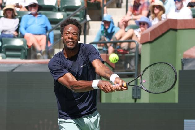 INDIAN WELLS, CA - MARCH 13: Gael Monfils (FRA) hits a backhand during the BNP Paribas Open on March 13, 2024 at Indian Wells Tennis Garden in Indian Wells, CA. (Photo by George Walker Icon Sportswire) TENNIS: MAR 13 BNP Paribas Open EDITORIAL USE ONLY Icon240313042