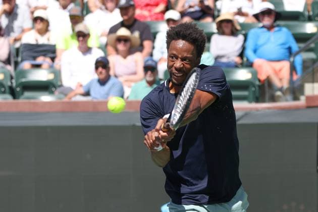 INDIAN WELLS, CA - MARCH 13: Gael Monfils (FRA) hits a backhand during the BNP Paribas Open on March 13, 2024 at Indian Wells Tennis Garden in Indian Wells, CA. (Photo by George Walker Icon Sportswire) TENNIS: MAR 13 BNP Paribas Open EDITORIAL USE ONLY Icon240313043