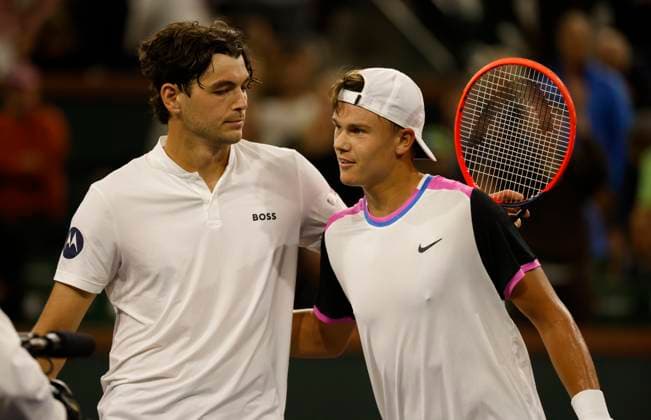 March 13, 2024 Holger Rune of Denmark is congratulated by Taylor Fritz during the BNP Paribas Open in Indian Wells, CA. CSM Indian Wells United States of America - ZUMAc04_ 20240313_zma_c04_247 Copyright: xCharlesxBausx
