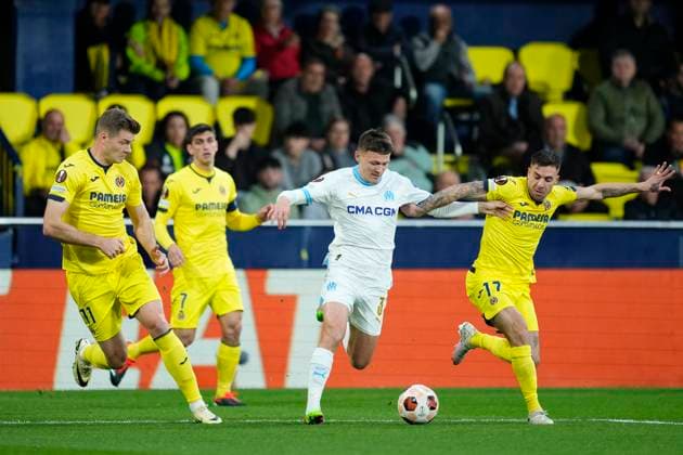 Villarreal CF v Olympique Marseille: Round of 16 Second Leg - UEFA Europa League 2023 24 Quentin Merlin Left-Back of Olympique Marseille and France and Kiko Femenia right-back of Villarreal and Spain compete for the ball during the UEFA Europa League 2023 24 round of 16 second leg match between Villarreal CF and Olympique Marseille at Estadio de la Ceramica on March 14, 2024 in Villarreal, Spain. Villarreal Castellon Spain  Copyright: xJosexBretonx originalFilename:breton-villarre240314_npe63.jpg