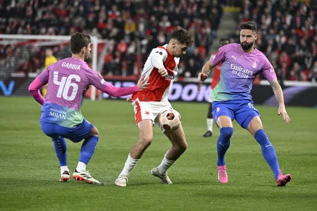 (L-R) Matteo Gabbia of AC Milan, Mojmir Chytil of Slavia and Olivier Giroud of AC Milan in action during the Slavia Praha vs AC Milan football return match of the Europa League semi-final on March 14, 2024, Prague, Czech Republic. (CTKxPhoto KaterinaxSulova) CTKPhotoP2024031407146  CTKPhotoP2024031407146