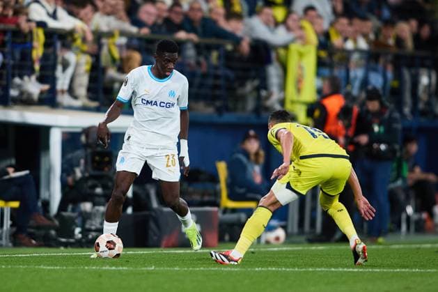 Ismaila Sarr of Olympique Marseille dribbles during the UEFA Europa League 2023 24 round of 16 second leg match between Villarreal CF and Olympique Marseille at Estadio de la Ceramica on March 14, 2024 in Villarreal, Spain. FOOTBALL : Villarreal vs Olympique de Marseille - UEFA Ligue Europa - 1 8 Huitiemes - 14 03 2024 LGM Panoramic 