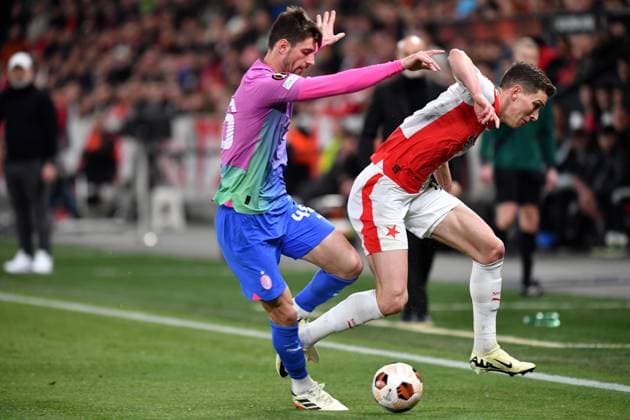 March 14, 2024, Prague, Czech Republic: LUKAS PROVOD of SLavia Praha (R) fight for ball with Milan s MATTEO GABBIA (L) at Eden Stadion during Round of 16, 2st leg, of the UEFA Europa League, at March 14, 2024, in Prague in the Czech Republic. Prague Czech Republic - ZUMAr156 20240314_aap_r156_012 Copyright: xSlavekxRutax