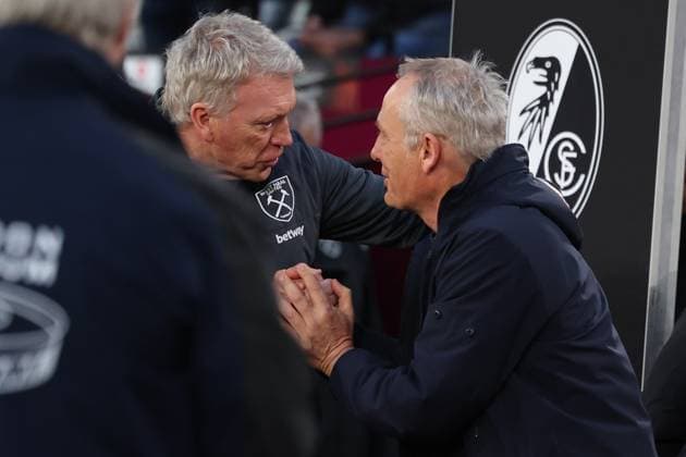 14th March 2024; London Stadium, London, England; Europa League Football, Round of 16, Second Leg, West Ham United versus SC Freiburg; West Ham United Manager David Moyes with SC Freiburg Manager Christian Streich  ActionPlus12617879 ShaunxBrooks