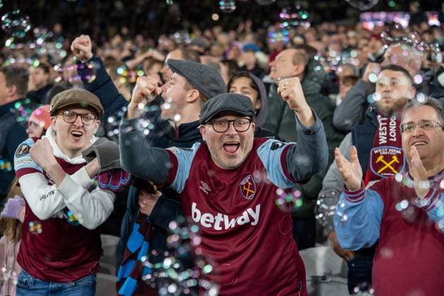 West Ham United v Freiburg Europa League 14 03 2024. Round of 16 GOAL 4-0 West Ham United fans celebrate during the Europa League match between West Ham United and SC Freiburg at the London Stadium, London, England on 14 March 2024. Editorial use only , Copyright: xStephenxFlynnx PSI-19236-0060