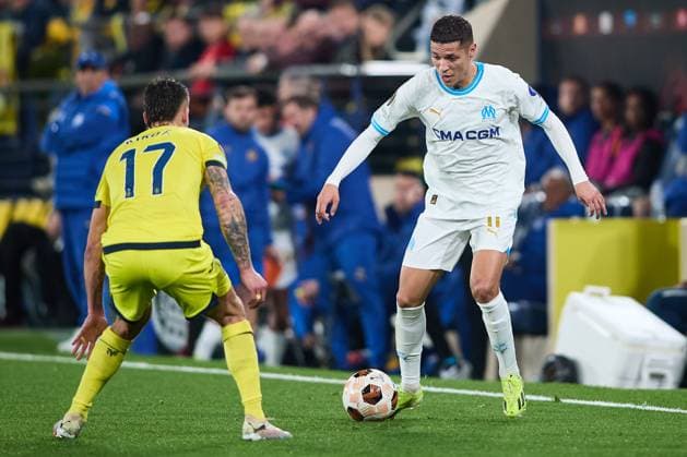 Amine Harit of Olympique Marseille dribbles during the UEFA Europa League 2023 24 round of 16 second leg match between Villarreal CF and Olympique Marseille at Estadio de la Ceramica on March 14, 2024 in Villarreal, Spain. FOOTBALL : Villarreal vs Olympique de Marseille - UEFA Ligue Europa - 1 8 Huitiemes - 14 03 2024 LGM Panoramic 