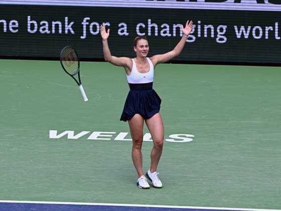INDIAN WELLS, CA - MARCH 14: Marta Kostyuk (UKR) drops her racket after winning a WTA, Tennis Damen quarterfinals tennis match played on March 14, 2024 during the BNP Paribas Open played at the Indian Wells Tennis Garden in Indian Wells, CA. (Photo by John Cordes Icon Sportswire) TENNIS: MAR 14 BNP Paribas Open EDITORIAL USE ONLY Icon506240314004