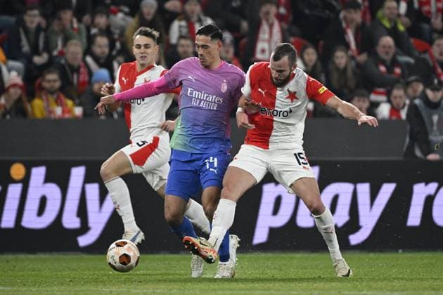 (L-R) Matej Jurasek of Slavia Praha, Tijjani Reijnders of AC Milan and Vaclav Jurecka of Slavia Praha in action during the Slavia Praha vs AC Milan football return match of the Europa League semi-final on March 14, 2024, Prague, Czech Republic. (CTKxPhoto KaterinaxSulova) CTKPhotoP2024031408250  CTKPhotoP2024031408250