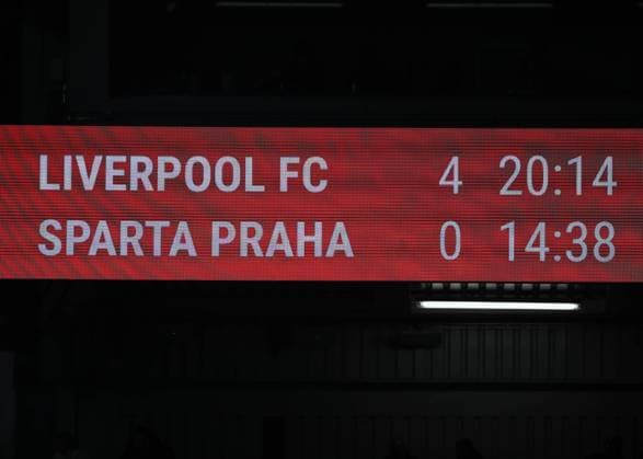 UEFA Europa League Liverpool v Sparta Prague The scoreboard displays the 4-0 scoreline, during the UEFA Europa League match Liverpool vs Sparta Prague at Anfield, Liverpool, United Kingdom, 14th March 2024 (Photo by Gareth Evans News Images) Liverpool Anfield Merseyside United Kingdom Copyright: xGarethxEvans NewsxImagesx