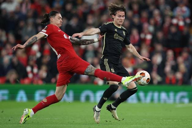 Liverpool FC v AC Sparta Praha: Round of 16 Second Leg - UEFA Europa League 2023 24 Darwin Nunez of Liverpool and Markus Solbakken of Sparta Prague challenge during the UEFA Europa League 2023 24 round of 16 second leg match between Liverpool FC and AC Sparta Praha at Anfield on March 14, 2024 in Liverpool, England. Liverpool Anfield England United Kingdom Copyright: xSportsphoto Sportsphoto APLx 13969502