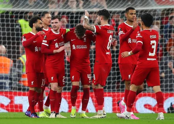 UEFA Europa League Liverpool v Sparta Prague Mohamed Salah of Liverpool celebrates his goal to make it 3-0 Liverpool, during the UEFA Europa League match Liverpool vs Sparta Prague at Anfield, Liverpool, United Kingdom, 14th March 2024 (Photo by Gareth Evans News Images) Liverpool Anfield Merseyside United Kingdom Copyright: xGarethxEvans NewsxImagesx
