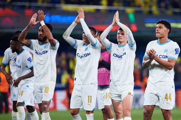 March 14, 2024: Olympique de Marseille players celebrate qualifying for the next round following the UEFA Europa League, Round of 16, football match played between Villarreal CF and Olympique de Marseille at Estadio de la Ceramica on March 14, 2024, in Villarreal, Spain. - ZUMAa181 20240314_zaa_a181_038 Copyright: xDavidxAliagax