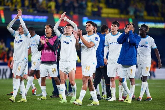March 14, 2024: Olympique de Marseille players celebrate qualifying for the next round following the UEFA Europa League, Round of 16, football match played between Villarreal CF and Olympique de Marseille at Estadio de la Ceramica on March 14, 2024, in Villarreal, Spain. - ZUMAa181 20240314_zaa_a181_039 Copyright: xDavidxAliagax