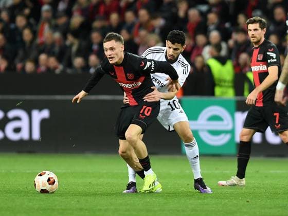 14.03.2024, Leverkusen, Germany, BayARENA, Bayer Leverkusen vs Qarabag FK - UEFA Europa League 2023 2024 - Round of 16 second leg, Florian Wirtz (Bayer 04 Leverkusen) und Abdellah Zoubir (Qarabag Agdam) im Zweikampf (Foto Ralf Treese) Leverkusen BayARENA North Rhine-Westphalia Germany