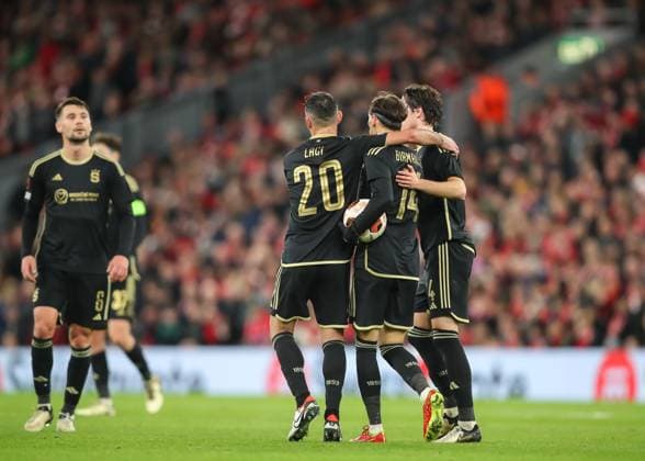 UEFA Europa League Liverpool v Sparta Prague Veljko BirmanÄeviÄ‡ of Athletic Club Sparta Praha celebrates his goal to make it 4-1, during the UEFA Europa League match Liverpool vs Sparta Prague at Anfield, Liverpool, United Kingdom, 14th March 2024 (Photo by Gareth Evans News Images) Liverpool Anfield Merseyside United Kingdom Copyright: xGarethxEvans NewsxImagesx