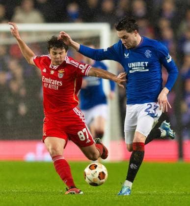 Rangers Forward Scott Wright in action with Joao Neves of Benfica during UEFA Europa League Round of 16 Second Leg match at Ibrox. Rangers v Benfica, UEFA Europa League, Round of 16, Second Leg, Football, Ibrox Stadium, Glasgow, UK - 14 Mar 2024 EDITORIAL USE ONLY No use with unauthorised audio, video, data, fixture lists, club league logos or live services. Online in-match use limited to 120 images, no video emulation. No use in betting, games or single club league player publications. Copyright: xLukexNickerson RangersxFC Shutterstockx 14389051af