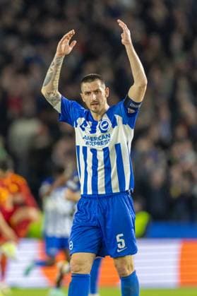 Brighton and Hove Albion v Roma Europa League 14 03 2024. Round of 16 Brighton & Hove Albion FC defender Lewis Dunk (5) celebrates his goal during the Europa League round of 16 second leg match between Brighton and Hove Albion and Roma at the American Express Stadium, Brighton and Hove, England on 14 March 2024. Brighton and Hove American Express Stadium East Sussex England Editorial use only , Copyright: xJanexStokesx PSI-19250-0020