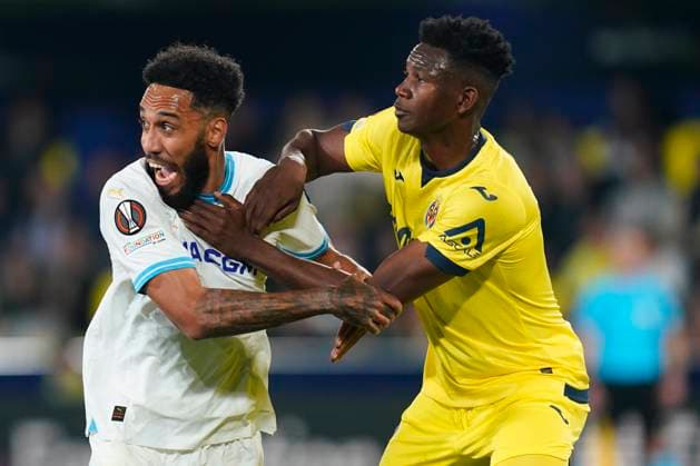 ESP: Villarreal CF and Olympique Marseille. UEFA Champions League match. Round of 16. Pierre-Emerick Aubameyang of Olympique Marseille and Yerson Mosquera of Villarreal CF during the UEFA Europa League match, Round of 16, second leg, between Villarreal CF and Olympique Marseille played at La Ceramica Stadium on March 14, 2024 in Villarreal, Spain. kpng Copyright: xSergioxRuizx xPRESSINPHOTOx PS_240314_624