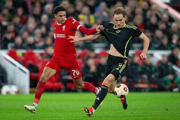 Liverpool v Sparta Prague Europa League 14 03 2024. Round of 16 Liverpool defender Jarell Quansah (78) battles with Sparta Prague Forward Jan Kuchta (9) during the Europa League Round of 16, second leg match between Liverpool and Sparta Prague at Anfield, Liverpool, England on 14 March 2024. Editorial use only , Copyright: xIanxStephenx PSI-19248-0012