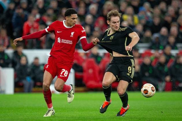 Liverpool v Sparta Prague Europa League 14 03 2024. Round of 16 Liverpool defender Jarell Quansah (78) battles with Sparta Prague Forward Jan Kuchta (9) during the Europa League Round of 16, second leg match between Liverpool and Sparta Prague at Anfield, Liverpool, England on 14 March 2024. Editorial use only , Copyright: xIanxStephenx PSI-19248-0014