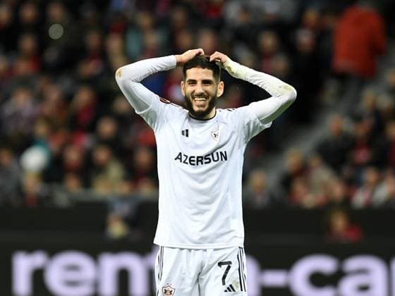 14.03.2024, Leverkusen, Germany, BayARENA, Bayer Leverkusen vs Qarabag FK - UEFA Europa League 2023 2024 - Round of 16 second leg, Yassine Benzia (Qarabag Agdam) gestikuliert, gestik (Foto Ralf Treese) Leverkusen BayARENA North Rhine-Westphalia Germany