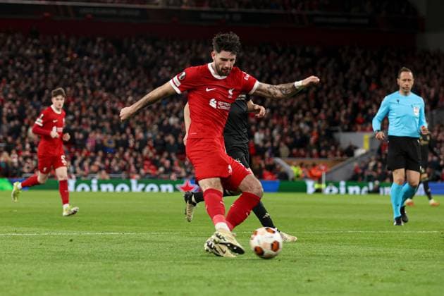 Dominik Szoboszlai of Liverpool scores the 5th goal and celebrates Liverpool v Sparta Prague, UEFA Europa League, Round of 16, Second Leg, Football, Anfield, Liverpool, UK - 14 Mar 2024 EDITORIAL USE ONLY No use with unauthorised audio, video, data, fixture lists, club league logos or live services. Online in-match use limited to 120 images, no video emulation. No use in betting, games or single club league player publications. Copyright: xPaulxCurrie Shutterstockx 14385501ap