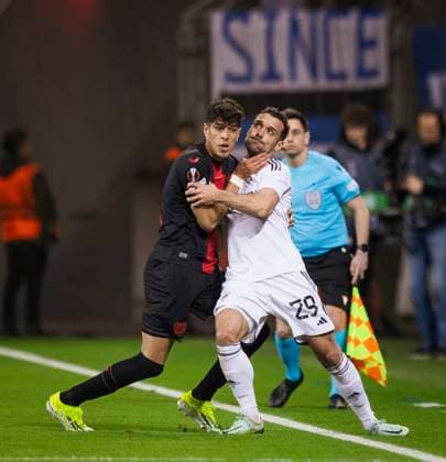 Sport Bilder des Tages Leverkusen, Germany. 14th Mar 2024. Piero Hincapie (Leverkusen) Marko Vesovic (Qarabag) Bayer Leverkusen - Qarabag Agdam 14.03.2024