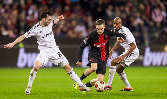 Leverkusen, Germany. 14th Mar 2024. Florian Wirtz (Leverkusen) Marko Jankovic (Qarabag), Julio Romao (Qarabag) Bayer Leverkusen - Qarabag Agdam 14.03.2024