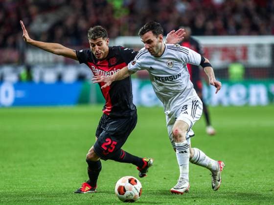 Exequiel Palacios (Bayer 04 Leverkusen, 25) im Zweikampf gegen Marco Jankovic (Qarabag Agdam, 08), GER, Bayer 04 Leverkusen vs. Qarabag Agdam, UEFA Europa League 2023 24, Achtelfinal-Rückspiel, 14.03.2024, GER, Bayer 04 Leverkusen vs. Qarabag Agdam, UEFA Europa League 2023 24, Achtelfinal-Rückspiel, 14.03.2024, Foto: Eibner-Pressefoto Gabriel Boia Leverkusen Copyright: xGabrielxBoiax EP_EER