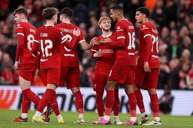 Cody Gakpo of Liverpool celebrates scoring the 6th goal Liverpool v Sparta Prague, UEFA Europa League, Round of 16, Second Leg, Football, Anfield, Liverpool, UK - 14 Mar 2024 EDITORIAL USE ONLY No use with unauthorised audio, video, data, fixture lists, club league logos or live services. Online in-match use limited to 120 images, no video emulation. No use in betting, games or single club league player publications. Copyright: xPaulxCurrie Shutterstockx 14385501bq
