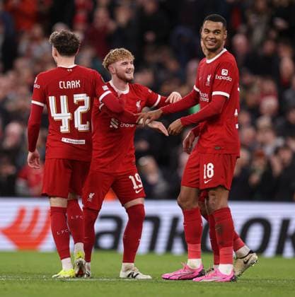 Cody Gakpo of Liverpool celebrates scoring the 6th goal Liverpool v Sparta Prague, UEFA Europa League, Round of 16, Second Leg, Football, Anfield, Liverpool, UK - 14 Mar 2024 EDITORIAL USE ONLY No use with unauthorised audio, video, data, fixture lists, club league logos or live services. Online in-match use limited to 120 images, no video emulation. No use in betting, games or single club league player publications. Copyright: xPaulxCurrie Shutterstockx 14385501bt