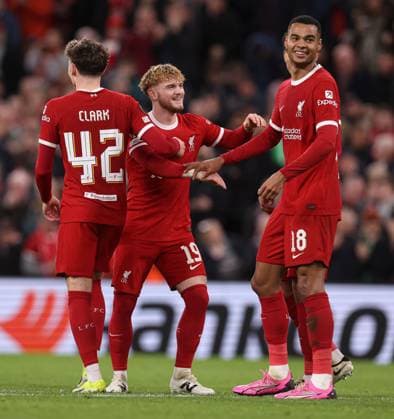 Cody Gakpo of Liverpool celebrates scoring the 6th goal Liverpool v Sparta Prague, UEFA Europa League, Round of 16, Second Leg, Football, Anfield, Liverpool, UK - 14 Mar 2024 EDITORIAL USE ONLY No use with unauthorised audio, video, data, fixture lists, club league logos or live services. Online in-match use limited to 120 images, no video emulation. No use in betting, games or single club league player publications. Copyright: xPaulxCurrie Shutterstockx 14385501bv