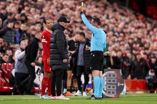 Liverpool manager Jurgen Klopp berates referee Artur Manuel Soares Dias and gets a yellow card Liverpool v Sparta Prague, UEFA Europa League, Round of 16, Second Leg, Football, Anfield, Liverpool, UK - 14 Mar 2024 EDITORIAL USE ONLY No use with unauthorised audio, video, data, fixture lists, club league logos or live services. Online in-match use limited to 120 images, no video emulation. No use in betting, games or single club league player publications. Copyright: xPaulxCurrie Shutterstockx 14385501bz