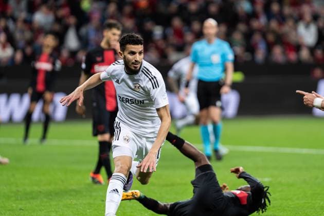GER, UEFA Europa League Bayer 04 Leverkusen vs QarabaÄü AÄüdam Qarabag Agdam 14.03.2024, BayArena, Leverkusen, GER, UEFA Europa League Bayer 04 Leverkusen vs QarabaÄü AÄüdam Qarabag Agdam Im Bild: Torjubel Jubel ueber das Tor zum 0:1 durch Abdellah Zoubir (QarabaÄü AÄüdam Qarabag Agdam, 10)