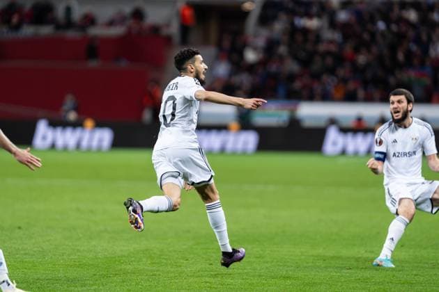 GER, UEFA Europa League Bayer 04 Leverkusen vs QarabaÄü AÄüdam Qarabag Agdam 14.03.2024, BayArena, Leverkusen, GER, UEFA Europa League Bayer 04 Leverkusen vs QarabaÄü AÄüdam Qarabag Agdam Im Bild: Torjubel Jubel ueber das Tor zum 0:1 durch Abdellah Zoubir (QarabaÄü AÄüdam Qarabag Agdam, 10)