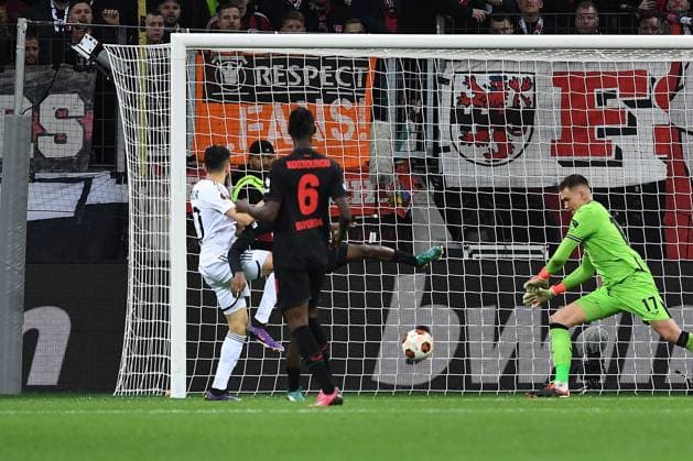 Fußball Europa League Achtelfinale Bayer 04 Leverkusen - Qarabag Agdam am 14.03.2024 in der BayArena in Leverkusen Tor zum 0:1 durch Abdellah Zoubir ( Agdam )