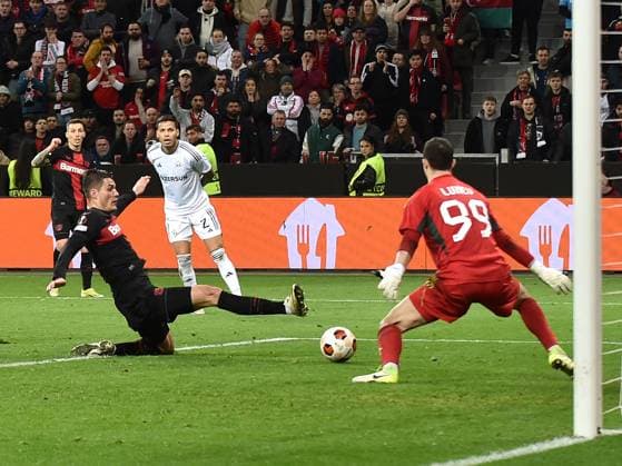 14.03.2024, Leverkusen, Germany, BayARENA, Bayer Leverkusen vs Qarabag FK - UEFA Europa League 2023 2024 - Round of 16 second leg, Patrik Schick (Bayer 04 Leverkusen) Tor zum 2:2 (Foto Ralf Treese) Leverkusen BayARENA North Rhine-Westphalia Germany